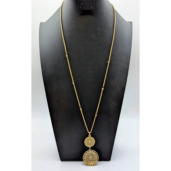 Lucky Brand Muted Gold Double Filigree Medallion Pendant Beaded Chain Necklace - Picture 1 of 6